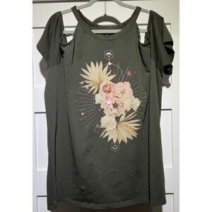NWT TORRID Olive Green Graphic Print Cold Shoulder Short Sleeve Women's Sz 3
